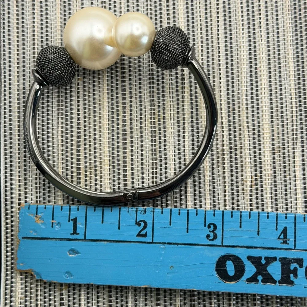Gunmetal Faux Pearl Hinged Cuff Bracelet Black Mesh Bead Asymmetrical Statement